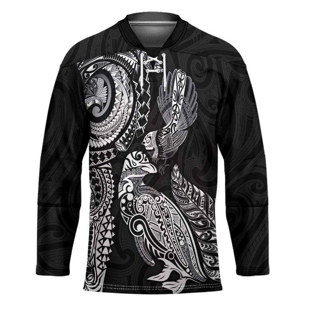 Aotearoa Moko Tribal Tattoo Hockey Jersey New Zealand Maori Penguin and Fantail Black Color