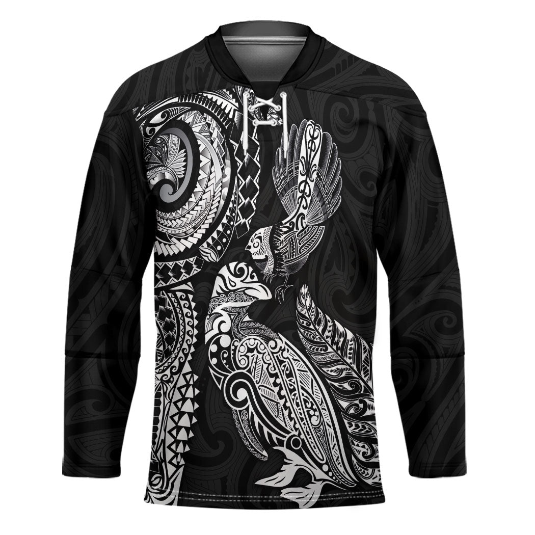 Aotearoa Moko Tribal Tattoo Hockey Jersey New Zealand Maori Penguin and Fantail Black Color