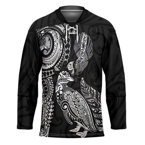 Aotearoa Moko Tribal Tattoo Hockey Jersey New Zealand Maori Penguin and Fantail Black Color