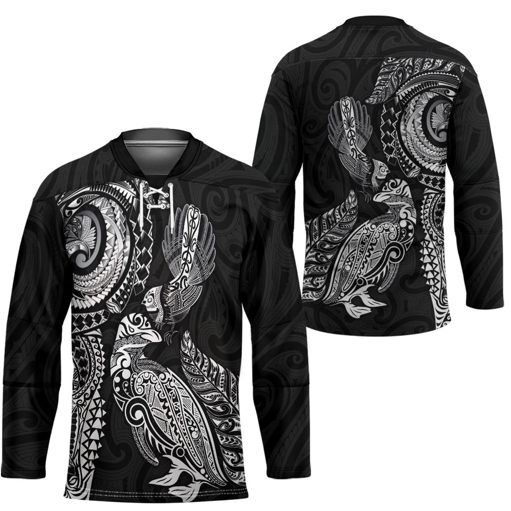 Aotearoa Moko Tribal Tattoo Hockey Jersey New Zealand Maori Penguin and Fantail Black Color