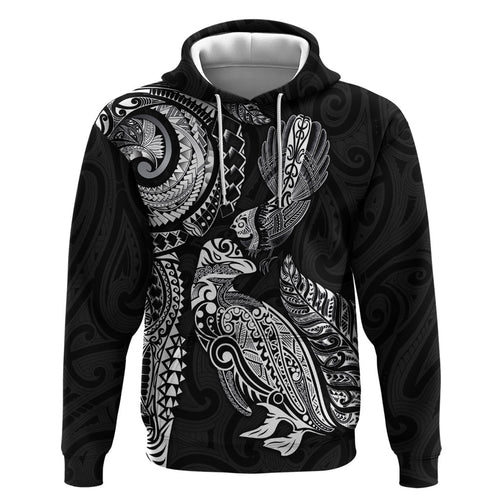 Aotearoa Moko Tribal Tattoo Hoodie New Zealand Maori Penguin and Fantail Black Color