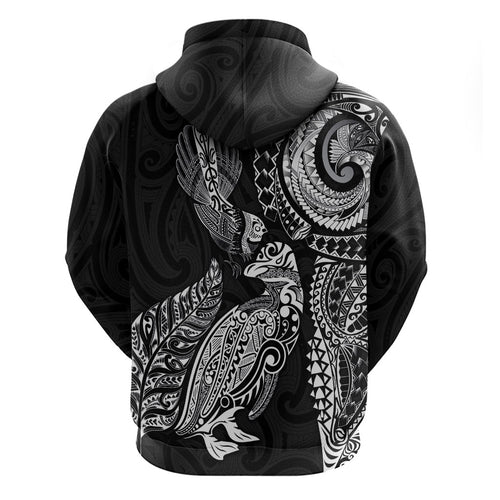 Aotearoa Moko Tribal Tattoo Hoodie New Zealand Maori Penguin and Fantail Black Color
