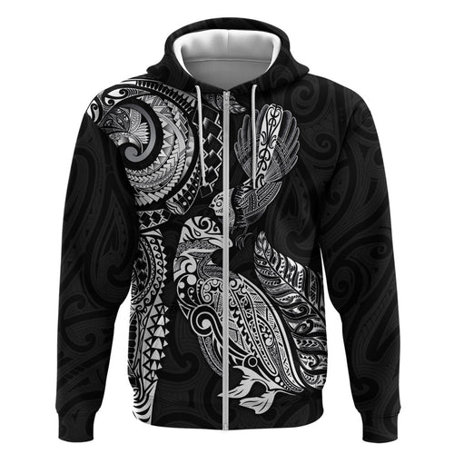 Aotearoa Moko Tribal Tattoo Hoodie New Zealand Maori Penguin and Fantail Black Color