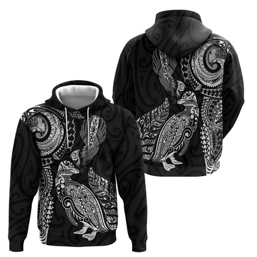 Aotearoa Moko Tribal Tattoo Hoodie New Zealand Maori Penguin and Fantail Black Color
