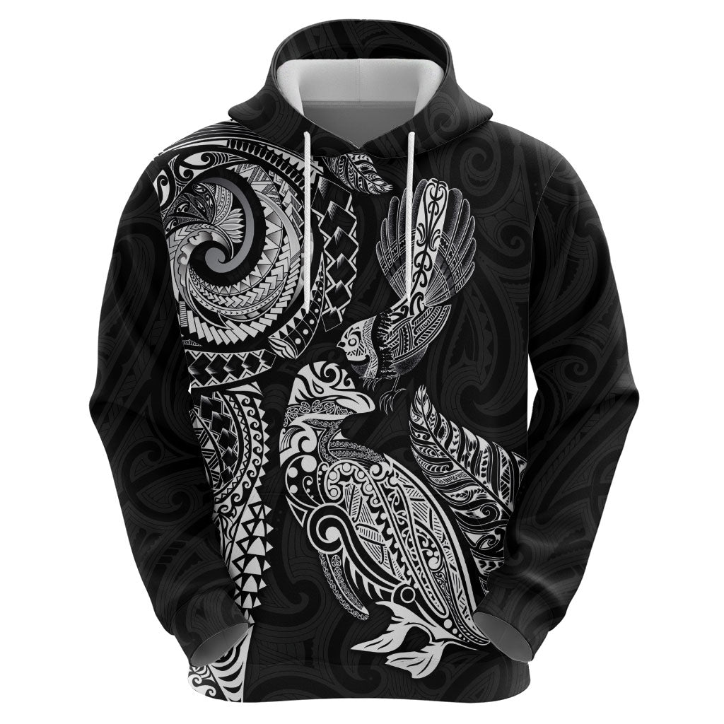 Aotearoa Moko Tribal Tattoo Hoodie New Zealand Maori Penguin and Fantail Black Color