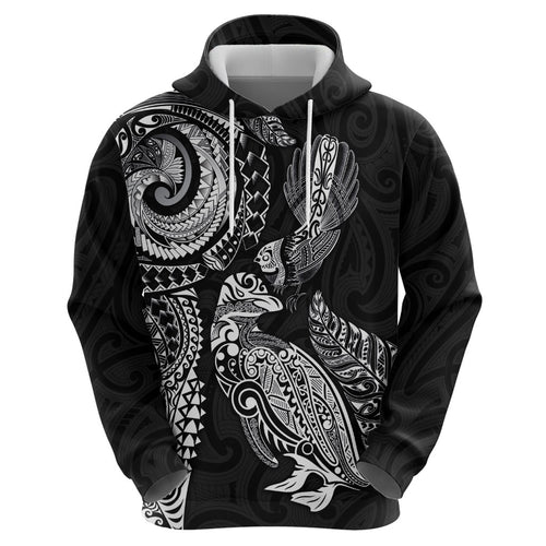 Aotearoa Moko Tribal Tattoo Hoodie New Zealand Maori Penguin and Fantail Black Color