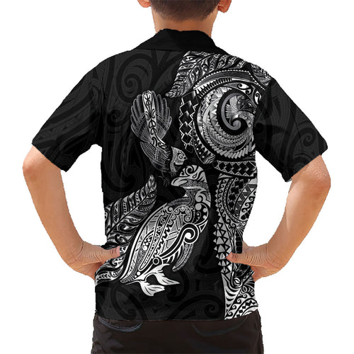 Aotearoa Moko Tribal Tattoo Kid Hawaiian Shirt New Zealand Maori Penguin and Fantail Black Color