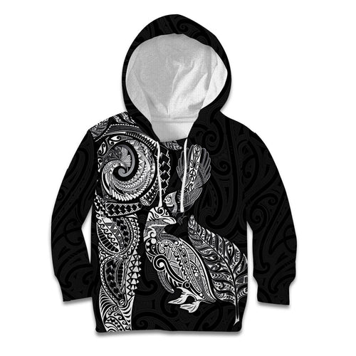 Aotearoa Moko Tribal Tattoo Kid Hoodie New Zealand Maori Penguin and Fantail Black Color