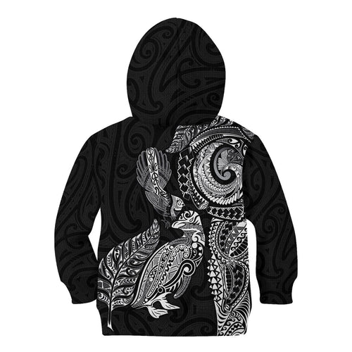 Aotearoa Moko Tribal Tattoo Kid Hoodie New Zealand Maori Penguin and Fantail Black Color