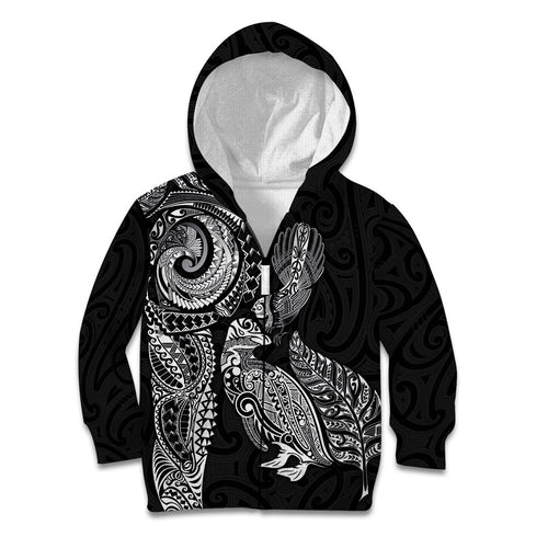 Aotearoa Moko Tribal Tattoo Kid Hoodie New Zealand Maori Penguin and Fantail Black Color