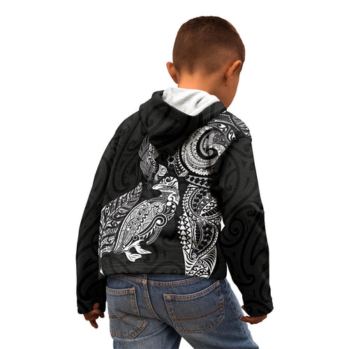 Aotearoa Moko Tribal Tattoo Kid Hoodie New Zealand Maori Penguin and Fantail Black Color