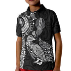 Aotearoa Moko Tribal Tattoo Kid Polo Shirt New Zealand Maori Penguin and Fantail Black Color