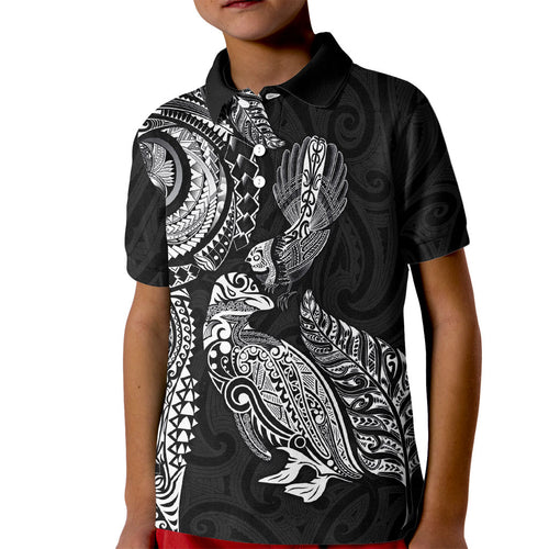 Aotearoa Moko Tribal Tattoo Kid Polo Shirt New Zealand Maori Penguin and Fantail Black Color