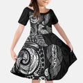 Aotearoa Moko Tribal Tattoo Kid Short Sleeve Dress New Zealand Maori Penguin and Fantail Black Color