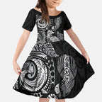 Aotearoa Moko Tribal Tattoo Kid Short Sleeve Dress New Zealand Maori Penguin and Fantail Black Color