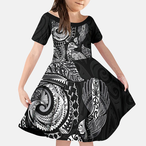 Aotearoa Moko Tribal Tattoo Kid Short Sleeve Dress New Zealand Maori Penguin and Fantail Black Color
