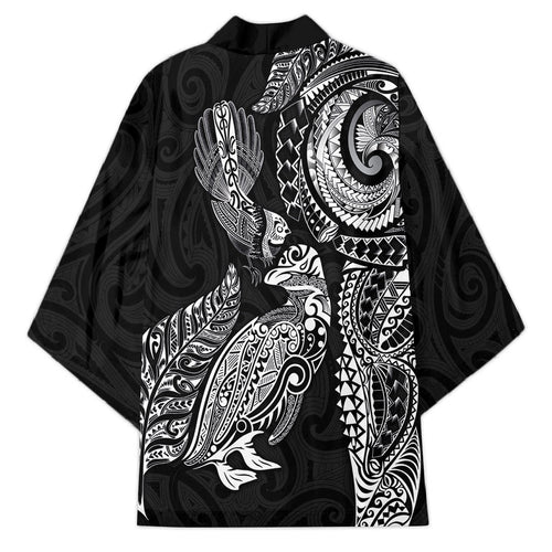 Aotearoa Moko Tribal Tattoo Kimono New Zealand Maori Penguin and Fantail Black Color