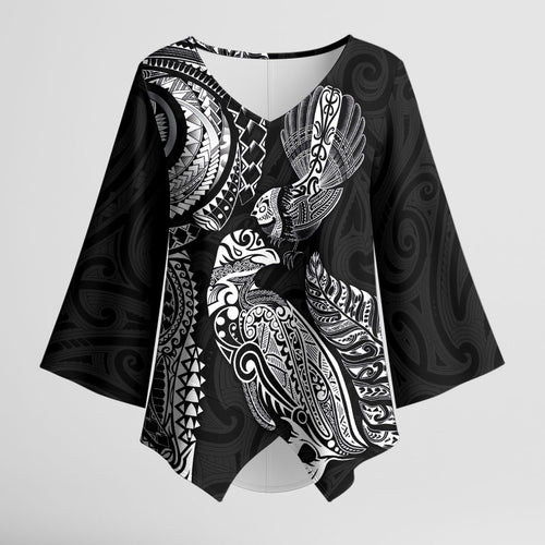 Aotearoa Moko Tribal Tattoo Kimono Sleeve Blouse New Zealand Maori Penguin and Fantail Black Color