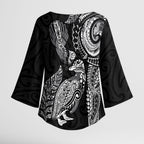 Aotearoa Moko Tribal Tattoo Kimono Sleeve Blouse New Zealand Maori Penguin and Fantail Black Color