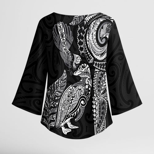 Aotearoa Moko Tribal Tattoo Kimono Sleeve Blouse New Zealand Maori Penguin and Fantail Black Color