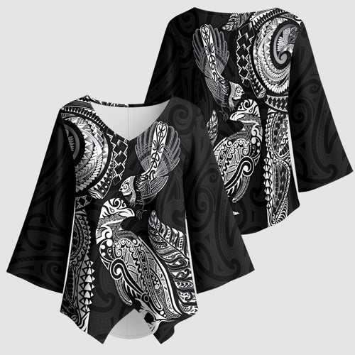 Aotearoa Moko Tribal Tattoo Kimono Sleeve Blouse New Zealand Maori Penguin and Fantail Black Color