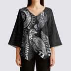 Aotearoa Moko Tribal Tattoo Kimono Sleeve Blouse New Zealand Maori Penguin and Fantail Black Color