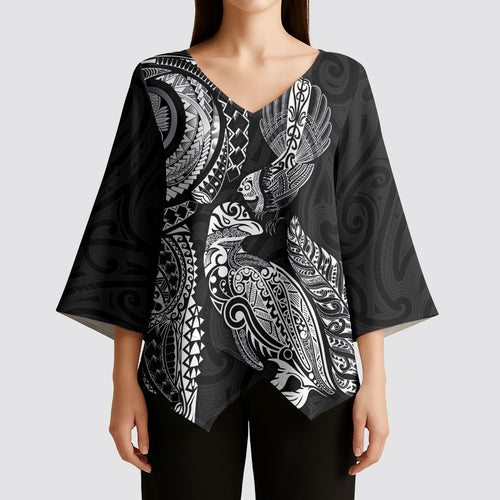 Aotearoa Moko Tribal Tattoo Kimono Sleeve Blouse New Zealand Maori Penguin and Fantail Black Color