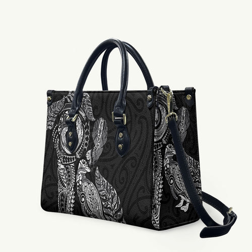 Aotearoa Moko Tribal Tattoo Leather Bag New Zealand Maori Penguin and Fantail Black Color