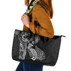 Aotearoa Moko Tribal Tattoo Leather Tote Bag New Zealand Maori Penguin and Fantail Black Color