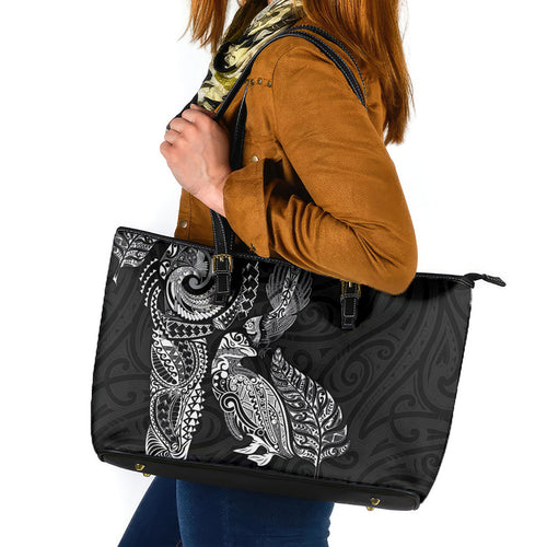 Aotearoa Moko Tribal Tattoo Leather Tote Bag New Zealand Maori Penguin and Fantail Black Color
