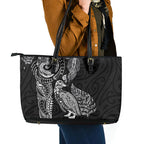 Aotearoa Moko Tribal Tattoo Leather Tote Bag New Zealand Maori Penguin and Fantail Black Color