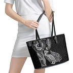 Aotearoa Moko Tribal Tattoo Leather Tote Bag New Zealand Maori Penguin and Fantail Black Color