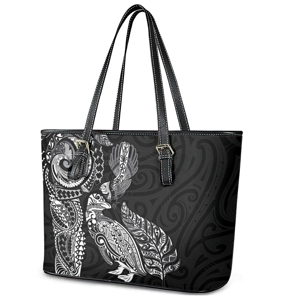 Aotearoa Moko Tribal Tattoo Leather Tote Bag New Zealand Maori Penguin and Fantail Black Color