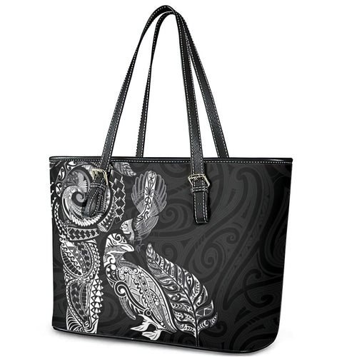 Aotearoa Moko Tribal Tattoo Leather Tote Bag New Zealand Maori Penguin and Fantail Black Color