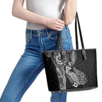Aotearoa Moko Tribal Tattoo Leather Tote Bag New Zealand Maori Penguin and Fantail Black Color