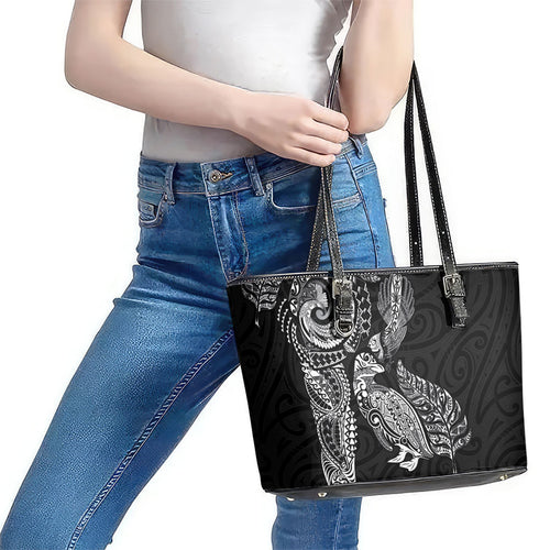 Aotearoa Moko Tribal Tattoo Leather Tote Bag New Zealand Maori Penguin and Fantail Black Color