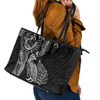 Aotearoa Moko Tribal Tattoo Leather Tote Bag New Zealand Maori Penguin and Fantail Black Color