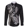 Aotearoa Moko Tribal Tattoo Long Sleeve Button Shirt New Zealand Maori Penguin and Fantail Black Color