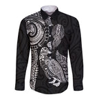Aotearoa Moko Tribal Tattoo Long Sleeve Button Shirt New Zealand Maori Penguin and Fantail Black Color
