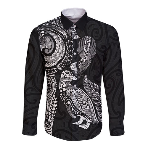 Aotearoa Moko Tribal Tattoo Long Sleeve Button Shirt New Zealand Maori Penguin and Fantail Black Color