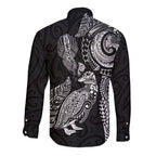 Aotearoa Moko Tribal Tattoo Long Sleeve Button Shirt New Zealand Maori Penguin and Fantail Black Color