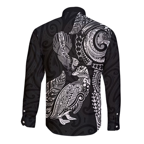 Aotearoa Moko Tribal Tattoo Long Sleeve Button Shirt New Zealand Maori Penguin and Fantail Black Color