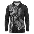 Aotearoa Moko Tribal Tattoo Long Sleeve Polo Shirt New Zealand Maori Penguin and Fantail Black Color