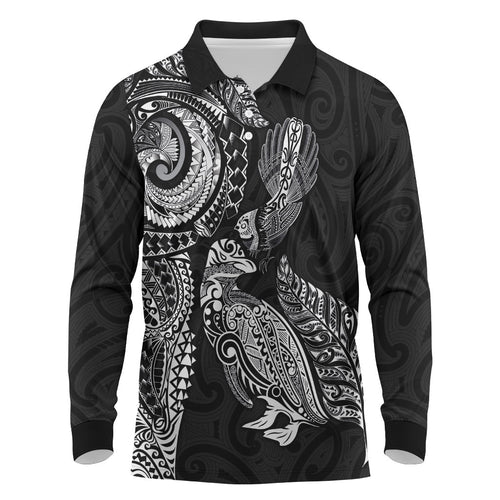 Aotearoa Moko Tribal Tattoo Long Sleeve Polo Shirt New Zealand Maori Penguin and Fantail Black Color