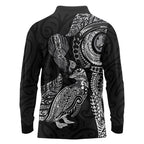 Aotearoa Moko Tribal Tattoo Long Sleeve Polo Shirt New Zealand Maori Penguin and Fantail Black Color