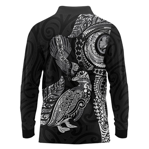 Aotearoa Moko Tribal Tattoo Long Sleeve Polo Shirt New Zealand Maori Penguin and Fantail Black Color
