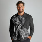 Aotearoa Moko Tribal Tattoo Long Sleeve Polo Shirt New Zealand Maori Penguin and Fantail Black Color