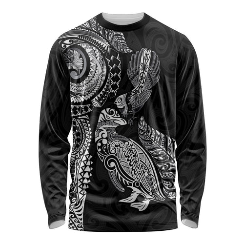 Aotearoa Moko Tribal Tattoo Long Sleeve Shirt New Zealand Maori Penguin and Fantail Black Color