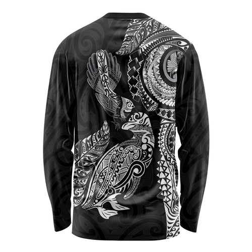 Aotearoa Moko Tribal Tattoo Long Sleeve Shirt New Zealand Maori Penguin and Fantail Black Color