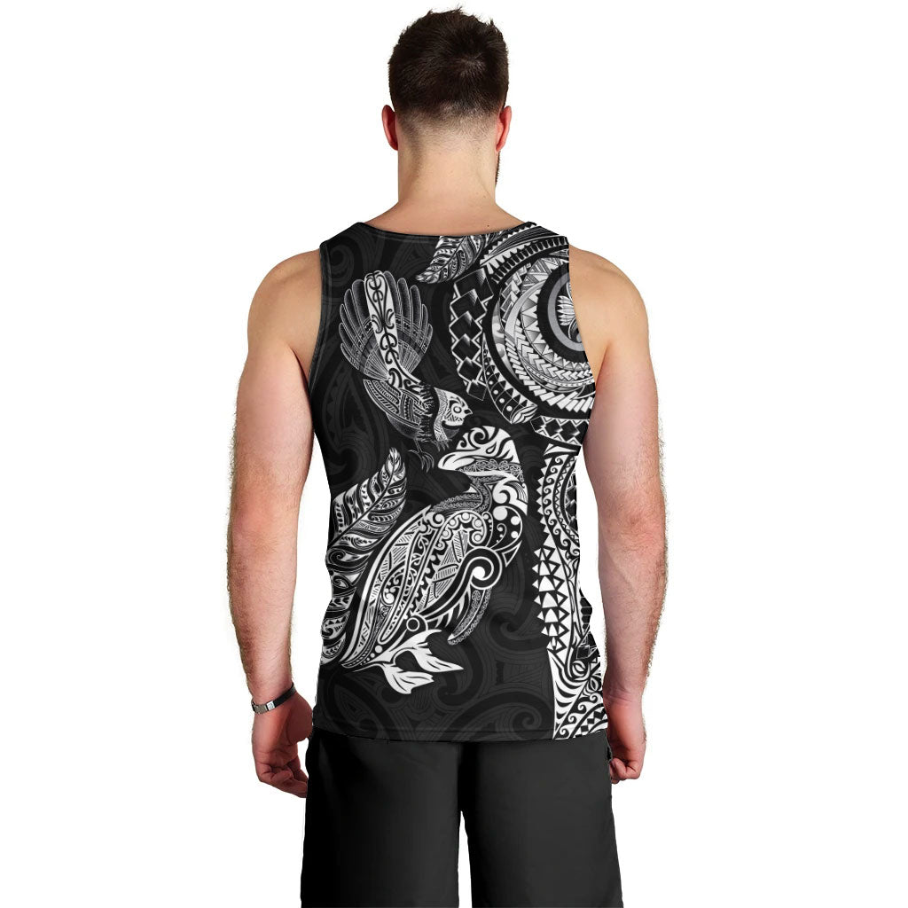 Aotearoa Moko Tribal Tattoo Men Tank Top New Zealand Maori Penguin and Fantail Black Color